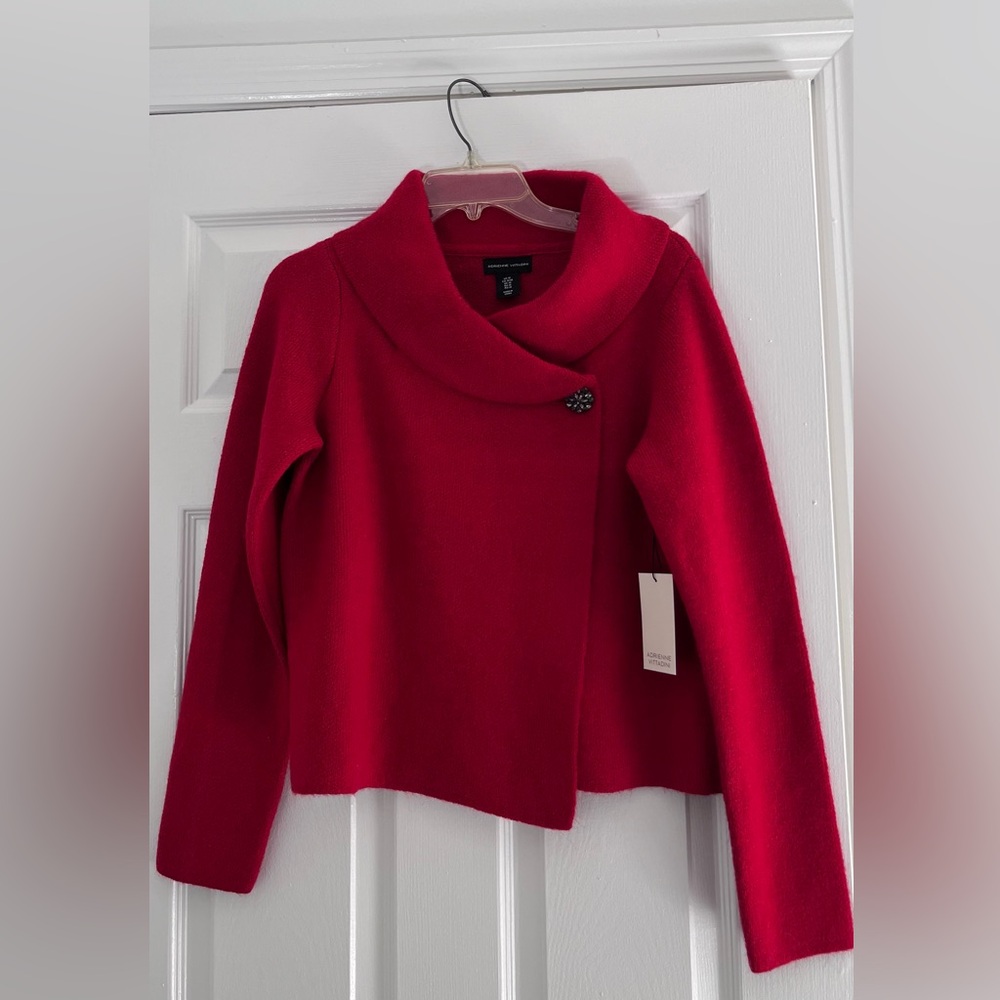 Adrienne Vittadini Women Wool Blend Red Cowl Neck Sweater with Decorative Button